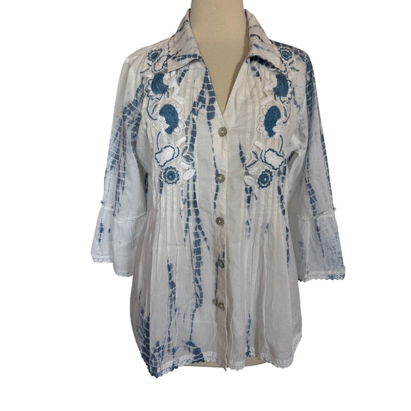 Parsley & Sage Tops - Parsley & Sage Womens Boho Tie Dye Embroidered Button Front Blouse White Blue M